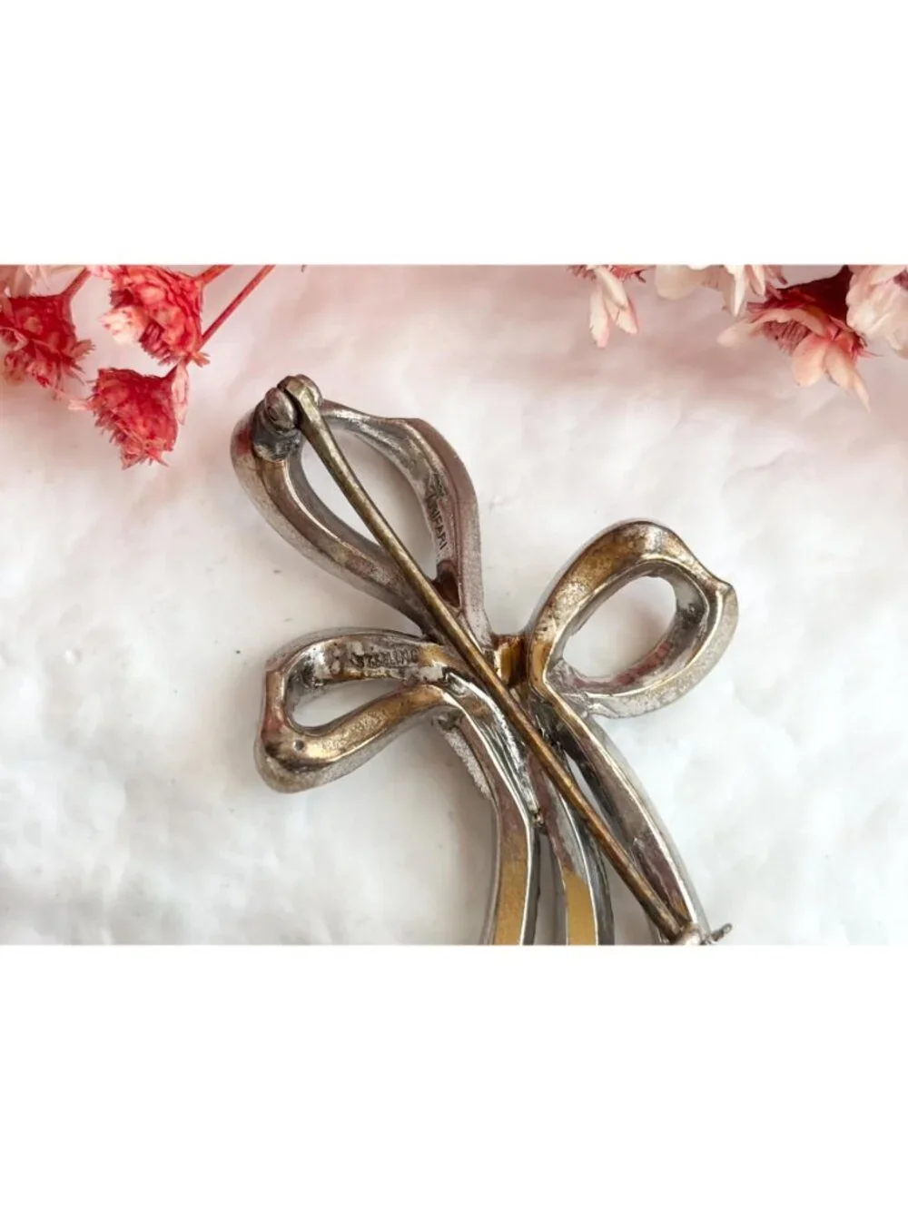 Ribboned Bow Rhinestone Accented Sterling Silver 925 Vintage Brooch | Lapel Pin